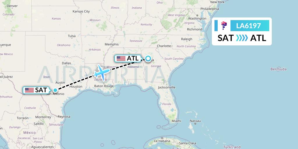 LA6197 LAN Airlines Flight Map: San Antonio to Atlanta
