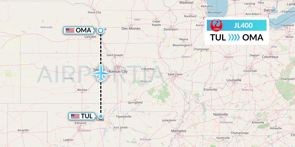 JL400 Japan Airlines Flight Map: Tulsa to Omaha