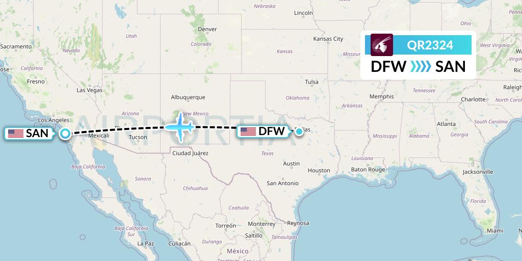 QR2324 Qatar Airways Flight Map: Dallas to San Diego