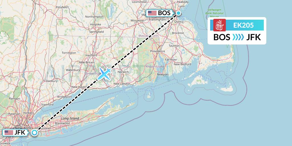 EK205 Emirates Flight Map: Boston to New York