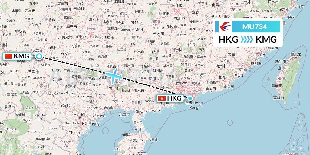 MU734 China Eastern Airlines Flight Map: Hong Kong to Kunming