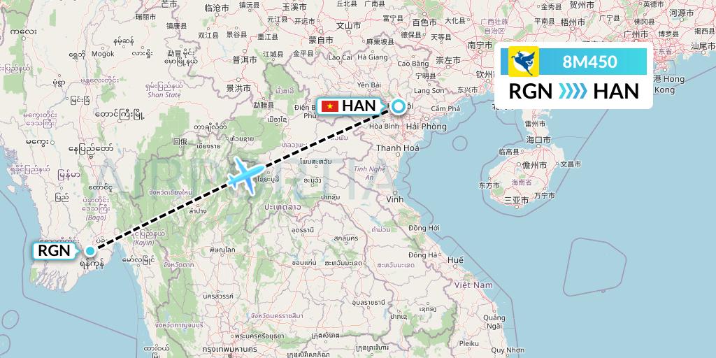 8M450 Myanmar Airways International Flight Map: Yangon to Hanoi