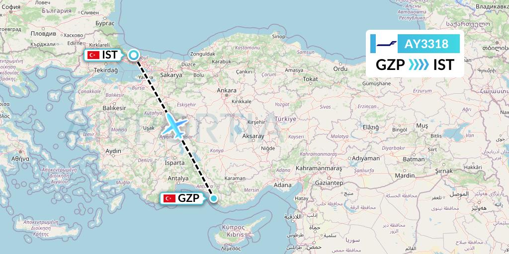 AY3318 Finnair Flight Map: Gazipasa to Istanbul