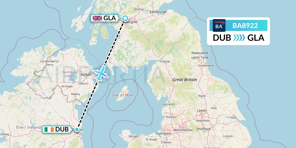 BA8922 British Airways Flight Map: Dublin to Glasgow