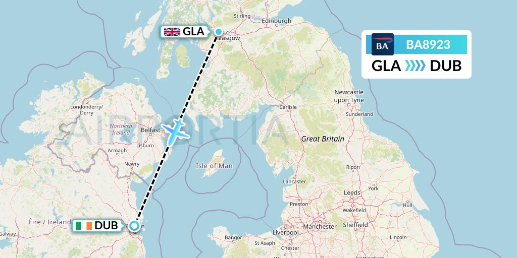 BA8923 British Airways Flight Map: Glasgow to Dublin