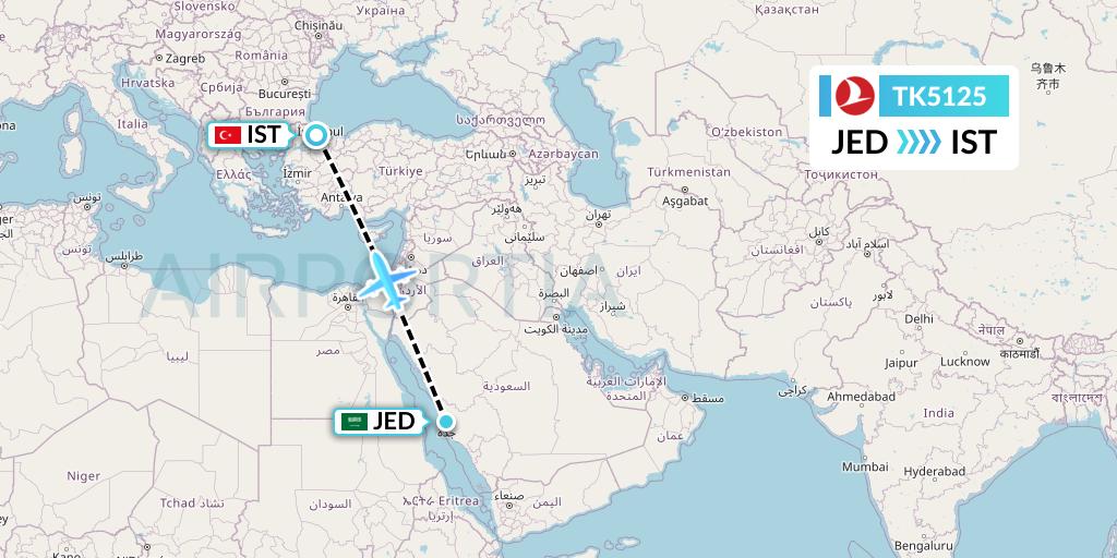 TK5125 Turkish Airlines Flight Map: Jeddah to Istanbul