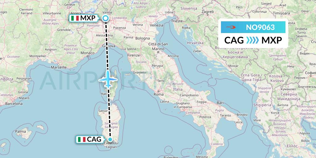 NO9063 Neos Flight Map: Cagliari to Milan