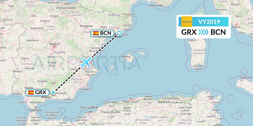 VY2019 Vueling Flight Map: Granada to Barcelona