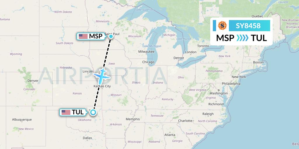 SY8458 Sun Country Airlines Flight Map: Minneapolis to Tulsa