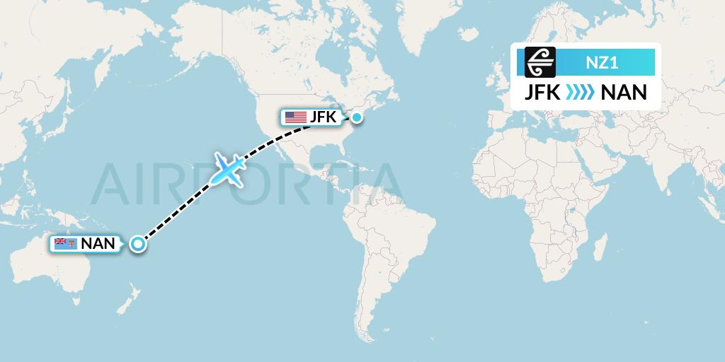NZ1 Air New Zealand Flight Map: New York to Nadi