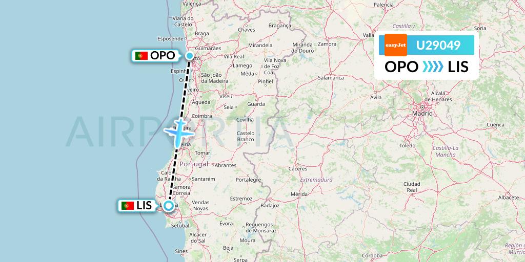 U29049 EasyJet Flight Map: Porto to Lisbon