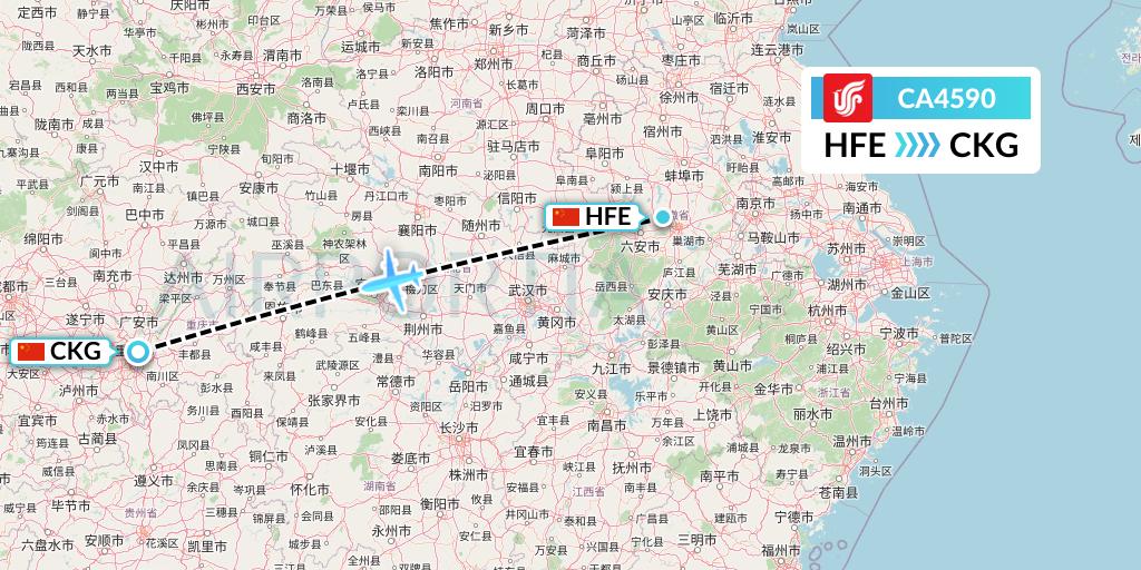 CA4590 Air China Flight Map: Hefei to Chongqing