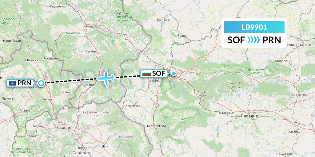 LB9901 Bul Air Flight Map: Sofia to Pristina