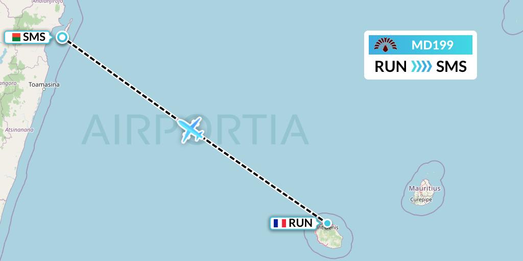 MD199 Air Madagascar Flight Map: Saint-Denis to Saint Marie