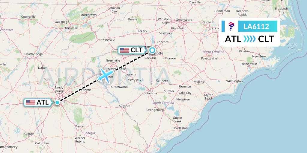 LA6112 LAN Airlines Flight Map: Atlanta to Charlotte