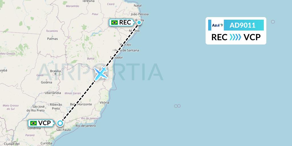 AD9011 Azul Brazilian Airlines Flight Map: Recife to Campinas