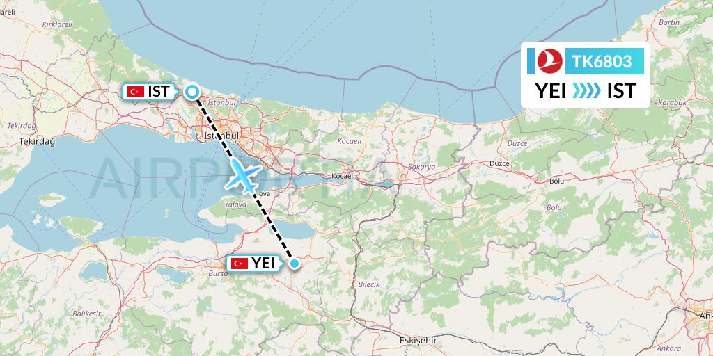 TK6803 Turkish Airlines Flight Map: Bursa to Istanbul