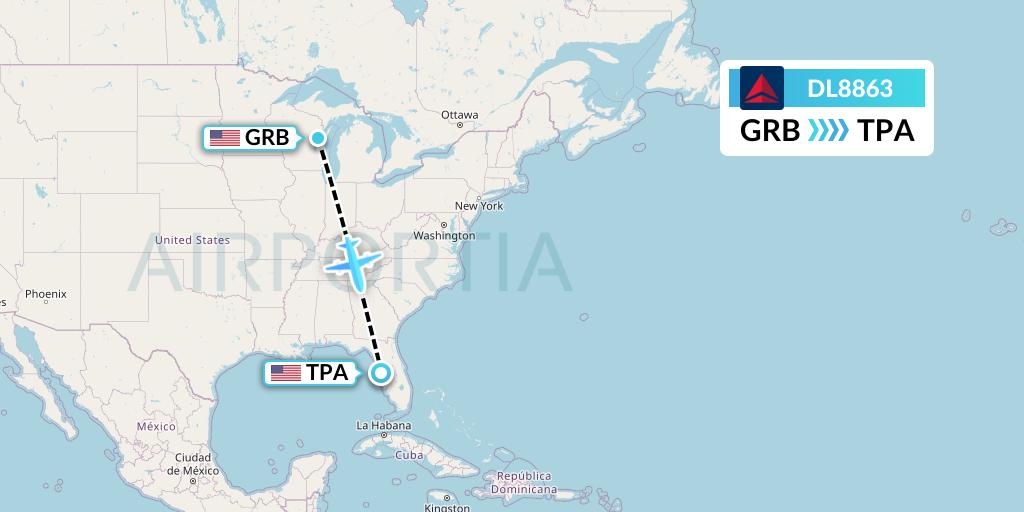 DL8863 Delta Air Lines Flight Map: Green Bay to Tampa