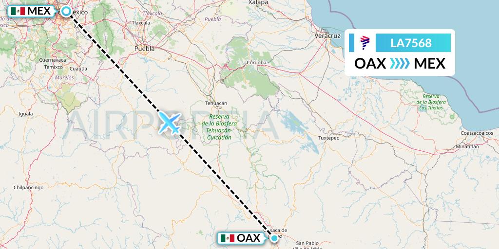 LA7568 LAN Airlines Flight Map: Oaxaca to Mexico City