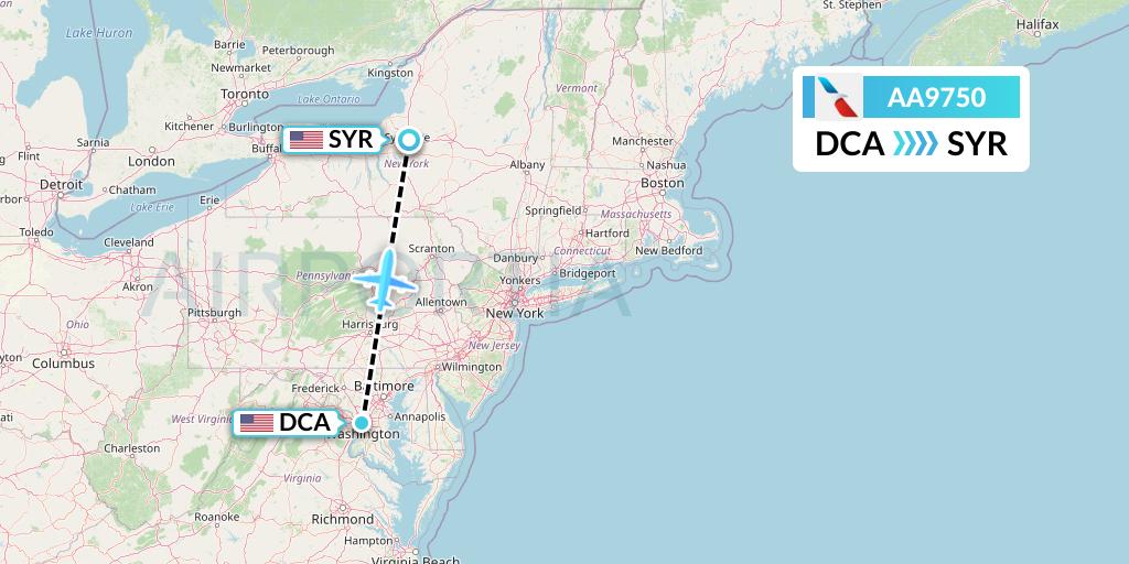 AA9750 American Airlines Flight Map: Washington to Syracuse