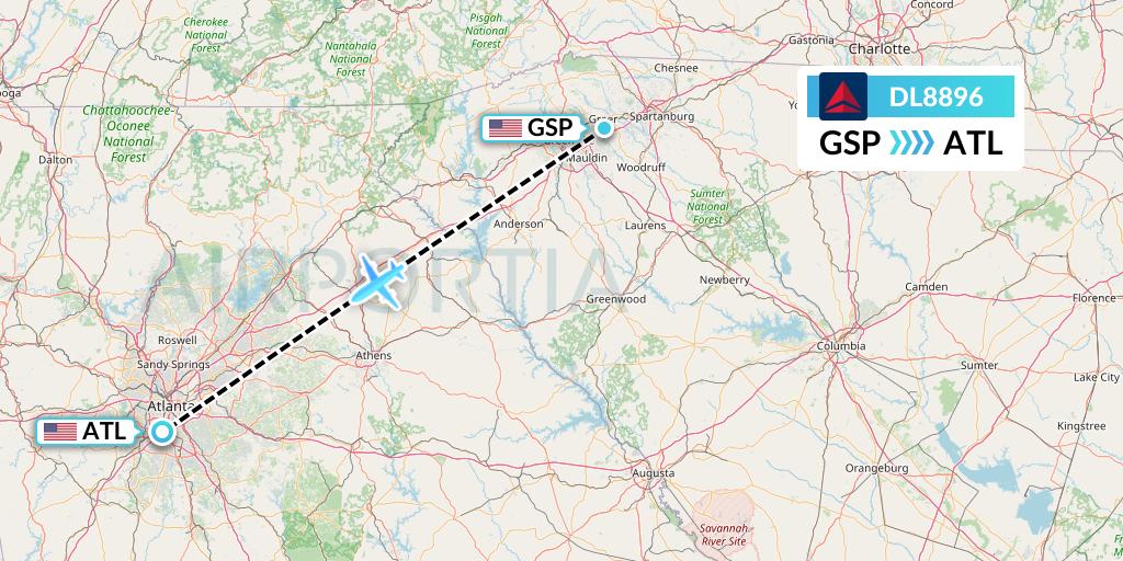 DL8896 Delta Air Lines Flight Map: Greenville-Spartanburg to Atlanta