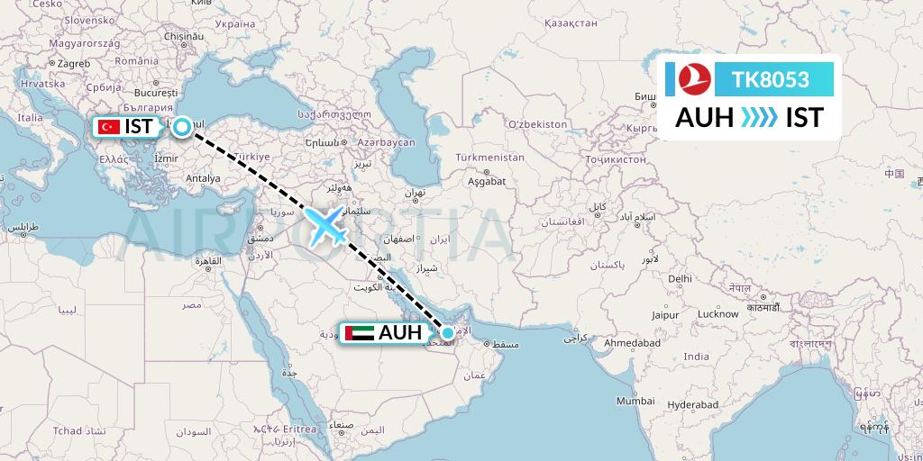 TK8053 Turkish Airlines Flight Map: Abu Dhabi to Istanbul