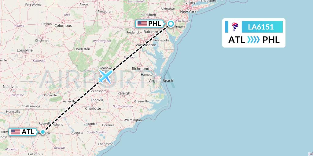 LA6151 LAN Airlines Flight Map: Atlanta to Philadelphia