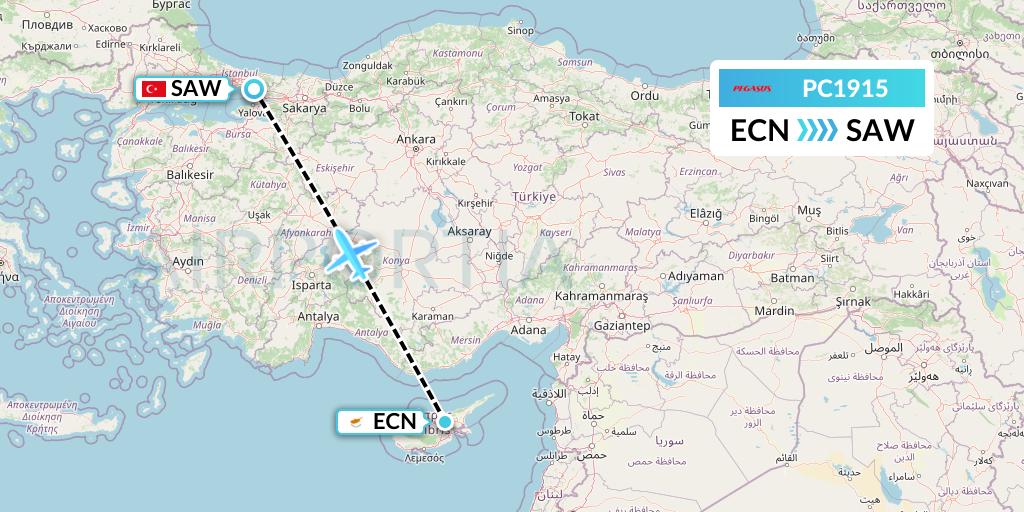 PC1915 Pegasus Airlines Flight Map: Tymvou to Istanbul