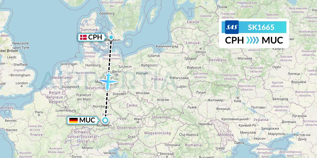 SK1665 SAS Flight Map: Copenhagen to Munich