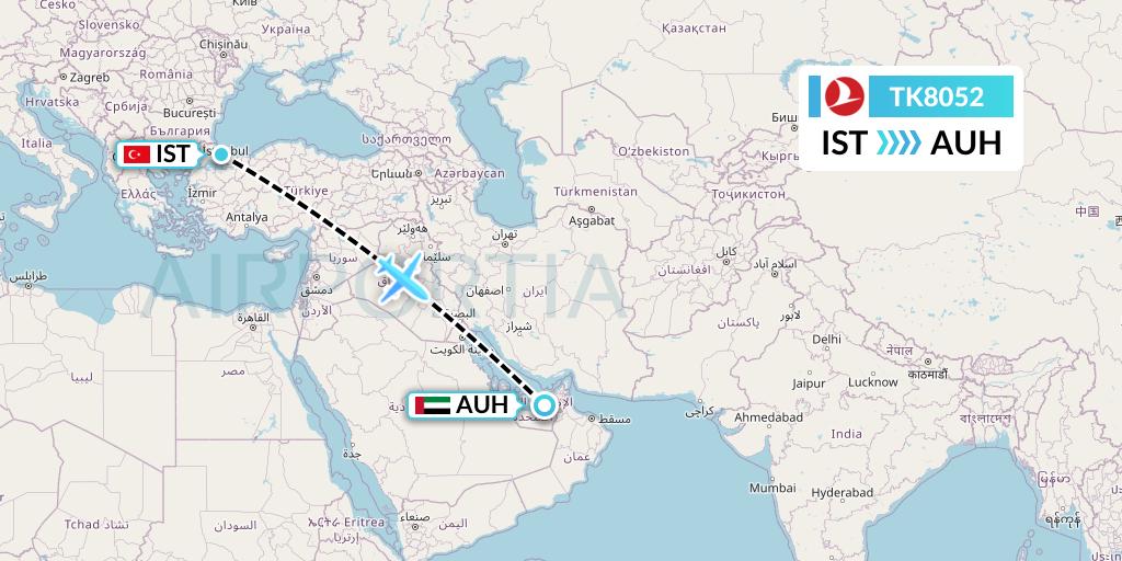 TK8052 Turkish Airlines Flight Map: Istanbul to Abu Dhabi