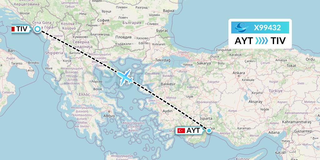 X99432 Avion Express Flight Map: Antalya to Tivat