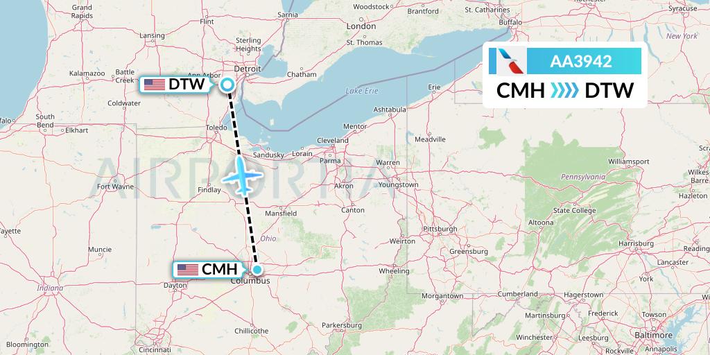 AA3942 American Airlines Flight Map: Columbus to Detroit