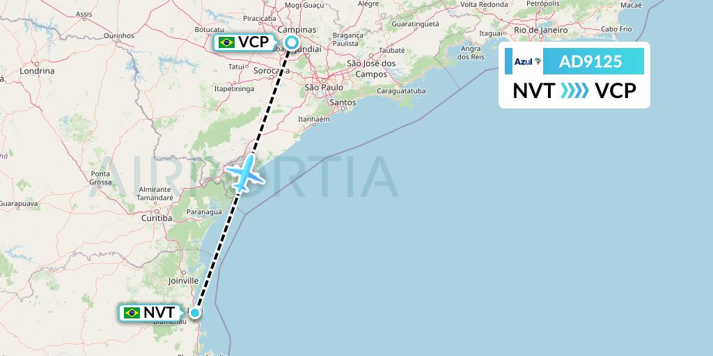 AD9125 Azul Brazilian Airlines Flight Map: Navegantes to Campinas