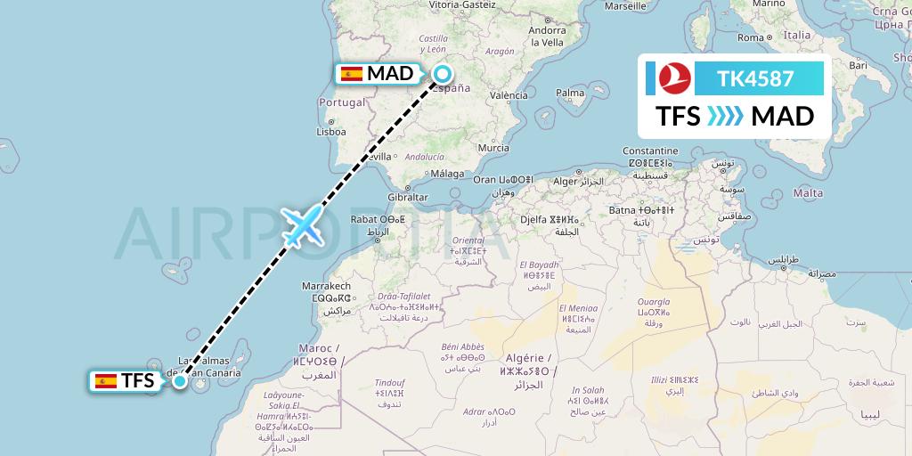 TK4587 Turkish Airlines Flight Map: Tenerife to Madrid