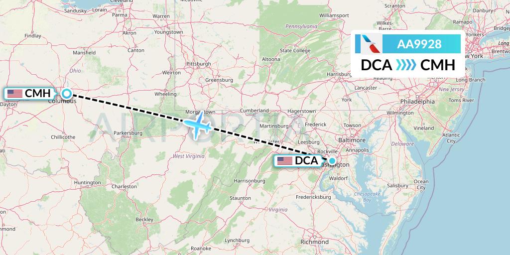 AA9928 American Airlines Flight Map: Washington to Columbus
