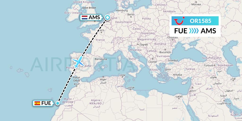 OR1585 TUI fly Netherlands Flight Map: Fuerteventura to Amsterdam