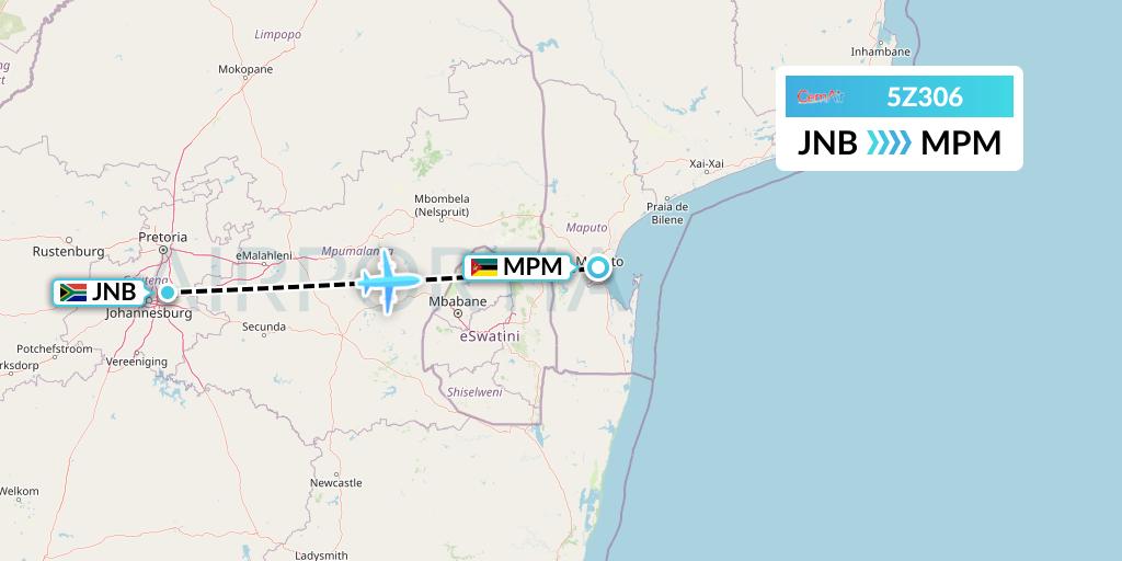 5Z306 CemAir Flight Map: Johannesburg to Maputo