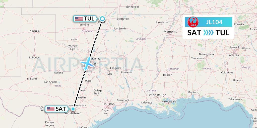 JL104 Japan Airlines Flight Map: San Antonio to Tulsa