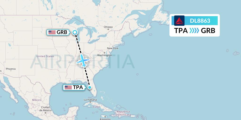 DL8863 Delta Air Lines Flight Map: Tampa to Green Bay