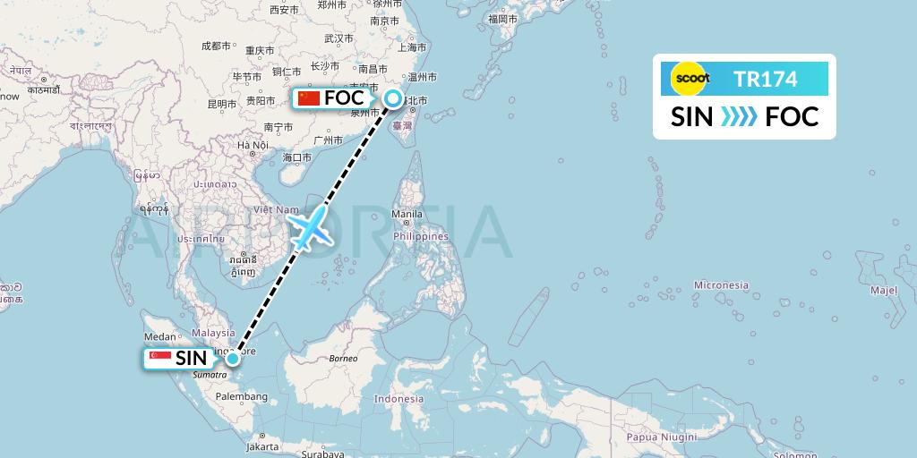 TR174 Tigerair Flight Map: Singapore to Fuzhou