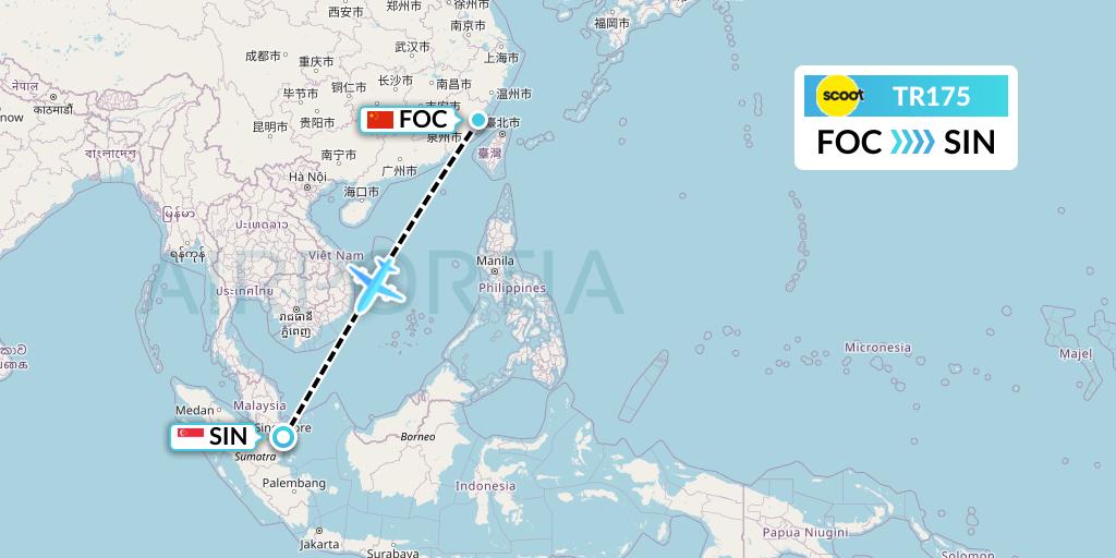 TR175 Tigerair Flight Map: Fuzhou to Singapore