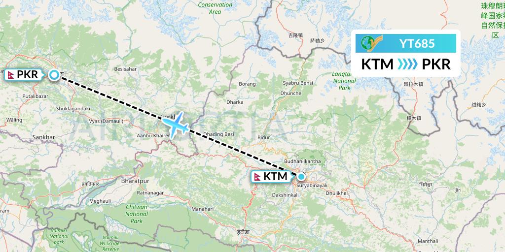 YT685 Yeti Airlines Flight Map: Kathmandu to Pokhara