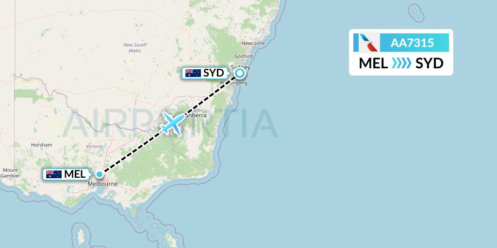 AA7315 American Airlines Flight Map: Melbourne to Sydney