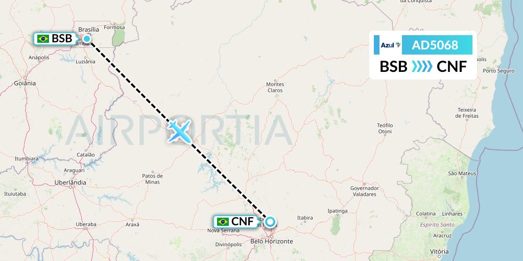 AD5068 Azul Brazilian Airlines Flight Map: Brasilia to Belo Horizonte