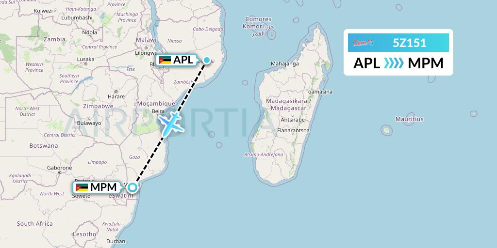 5Z151 CemAir Flight Map: Nampula to Maputo