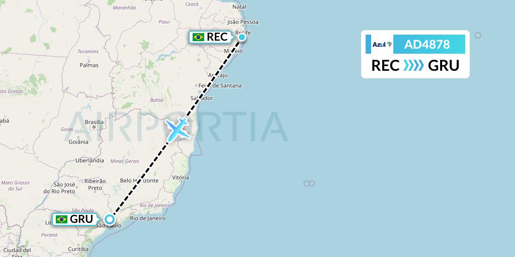 AD4878 Azul Brazilian Airlines Flight Map: Recife to Sao Paulo