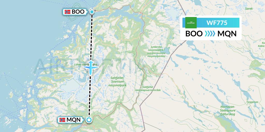 WF775 Wideroe Flight Map: Bodo to Mo i Rana