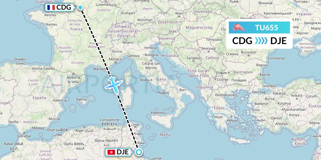 TU655 Tunisair Flight Map: Paris to Djerba