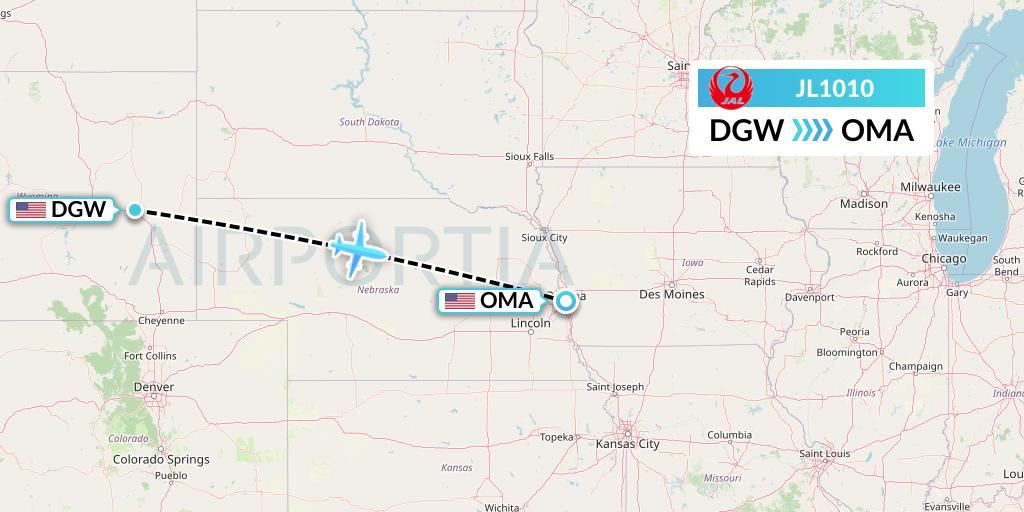 JL1010 Japan Airlines Flight Map: Douglas to Omaha