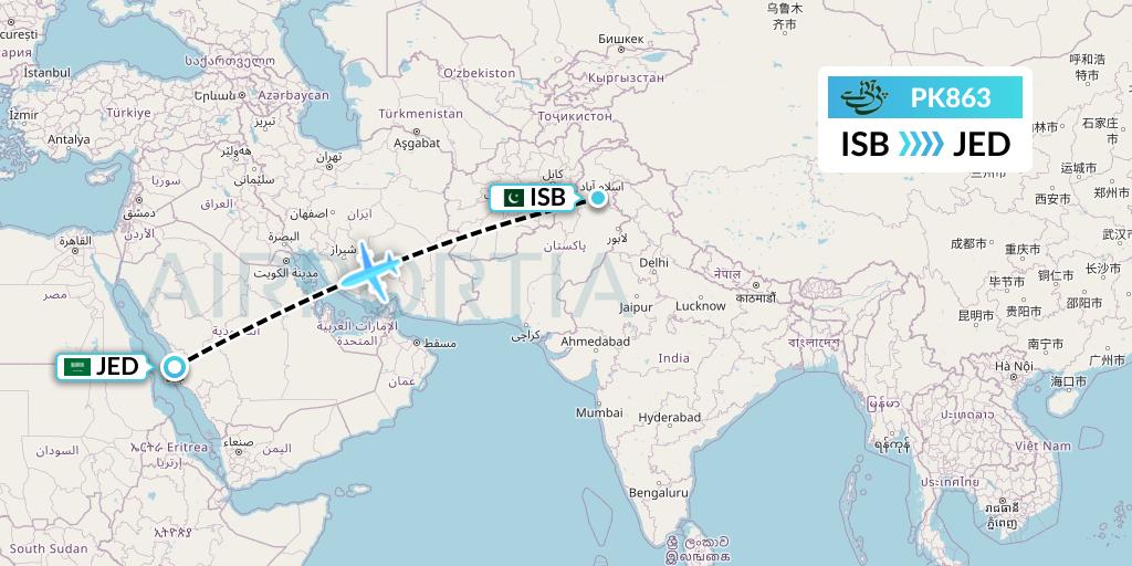 PK863 Pakistan International Airlines Flight Map: Islamabad to Jeddah